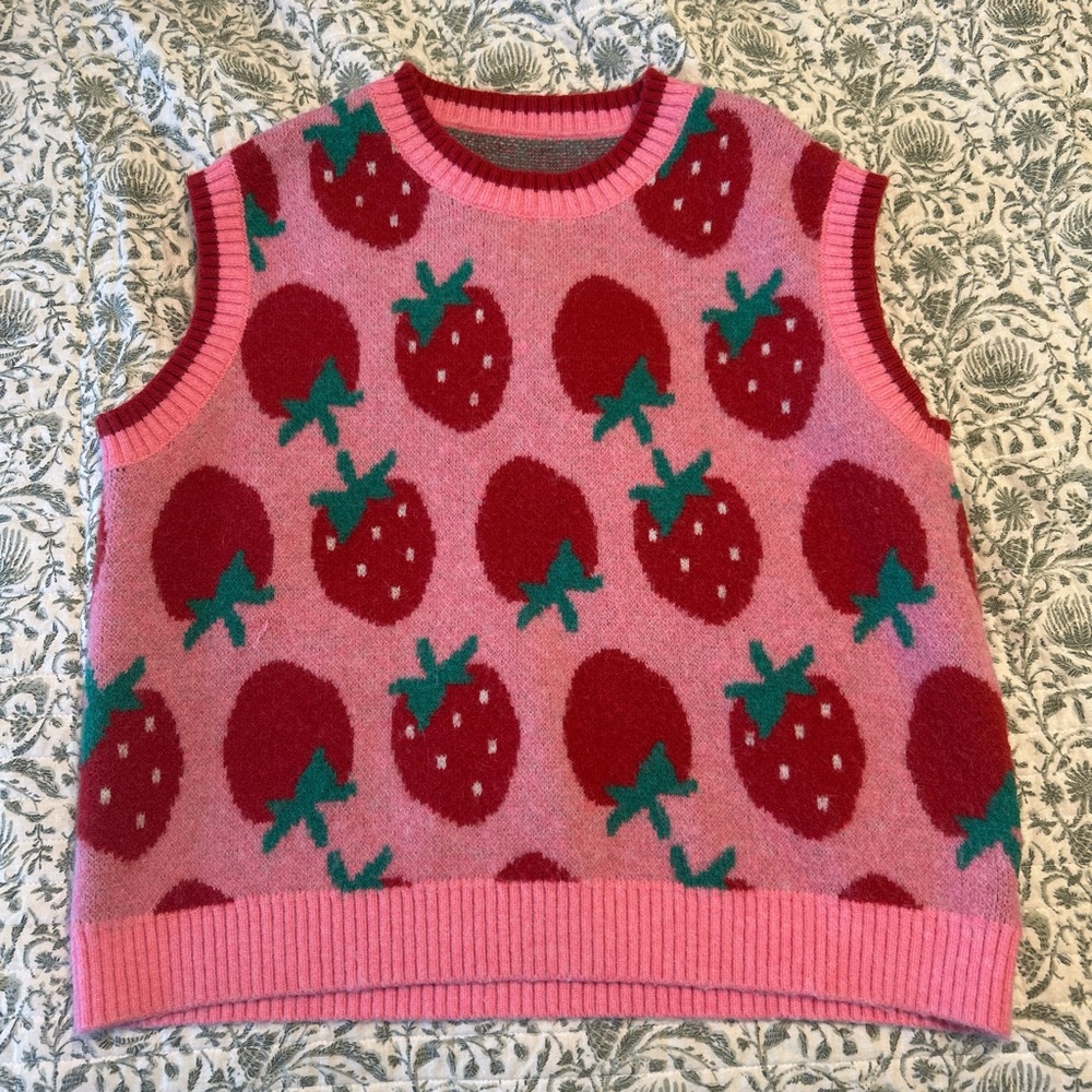 Cider Pink Sweater Vest with Strawberry Design
